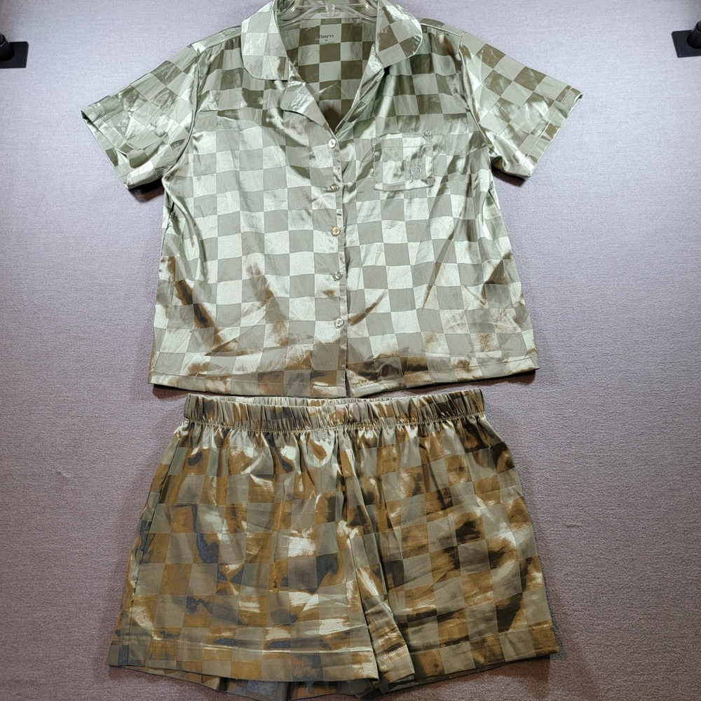 Born Pajama Set Women XL Green Good Satin Checkered Button Down Short Sleeve